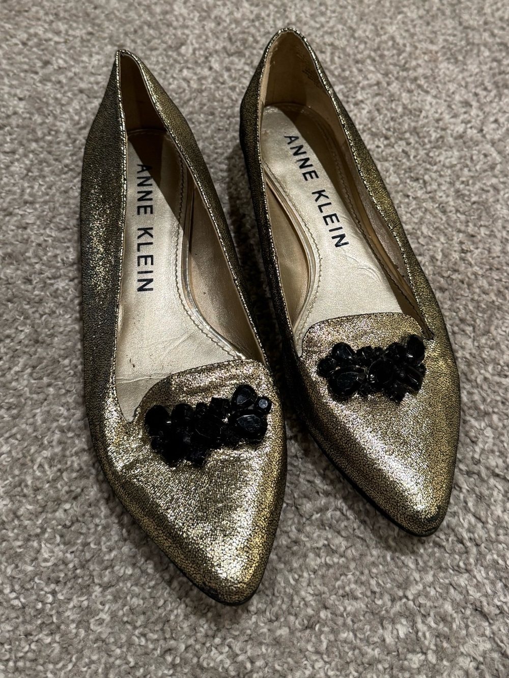 Anne Klein Leather Metallic Gold Pointed Flats with Black Rhinestone Detail